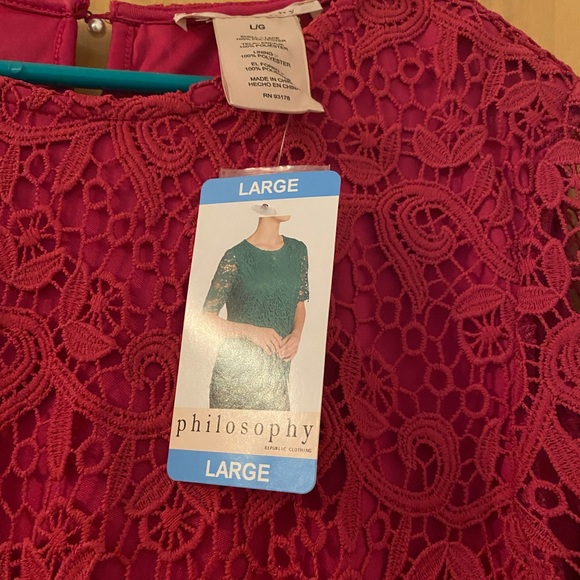 NWT - Philosophy Short Sleeve Lace Overlay, Size Large - Color Magenta - Picture 3 of 3
